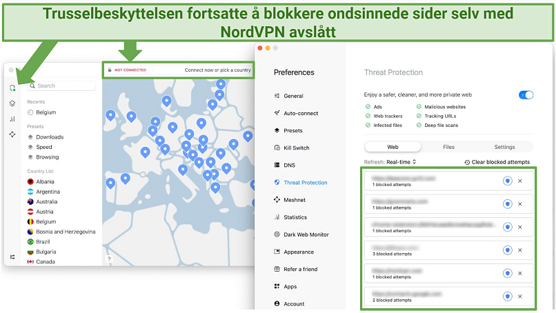 Screenshot of NordVPN's interface and how to switch on Threat Protection.