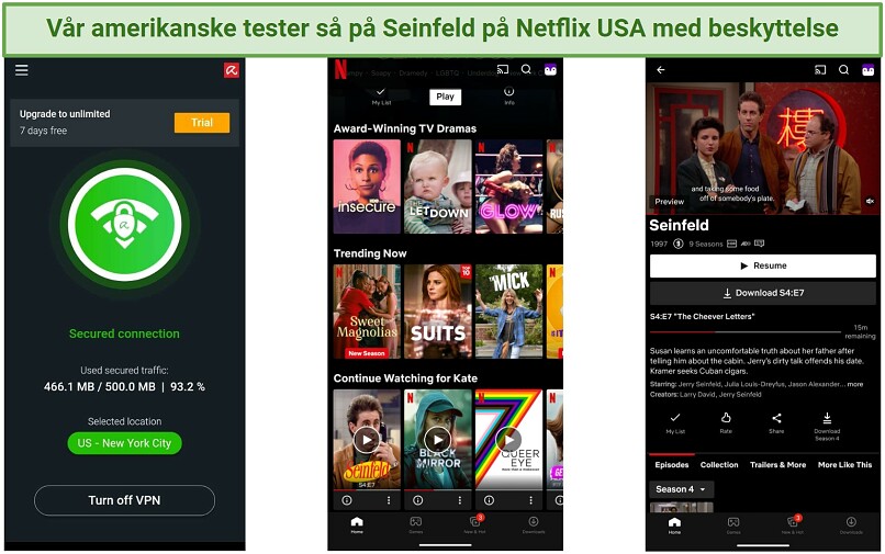 Screenshot of Netflix menu showing Seinfeld while Avira Phantom VPN is active