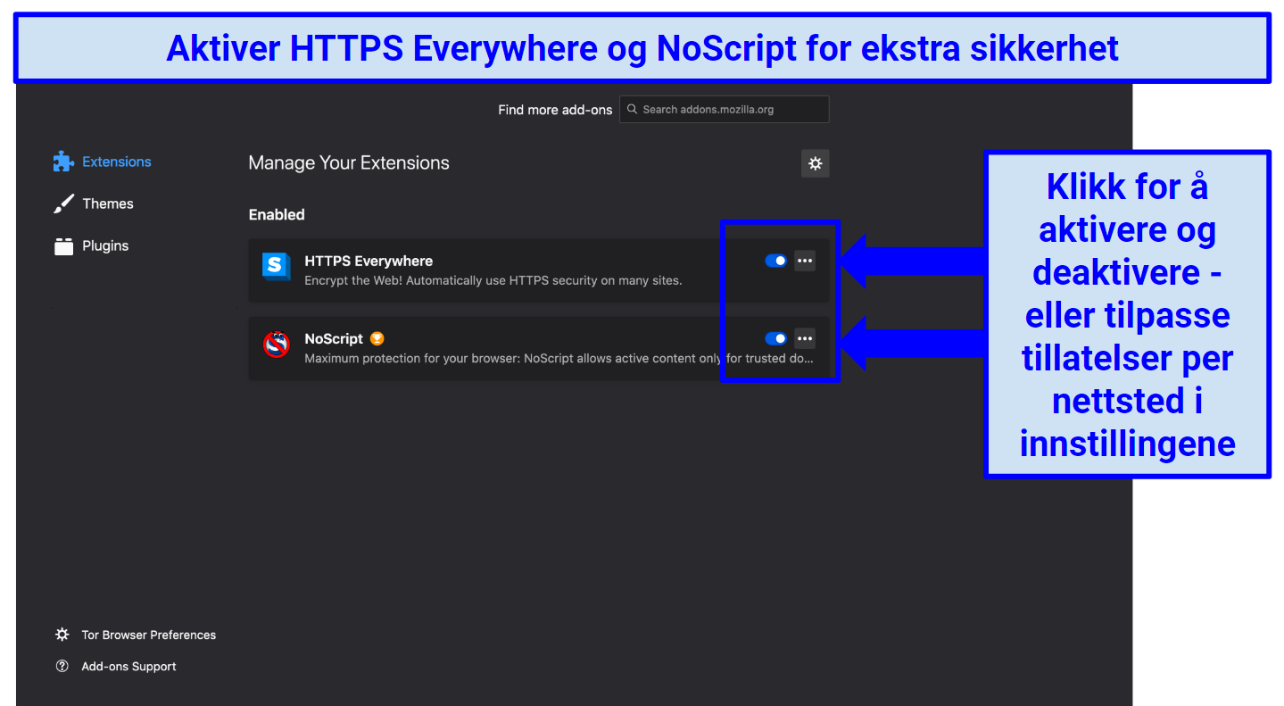 Tor's extension preferences, indicating how to enable, disable, and manage HTTPS Everywhere and NoScript